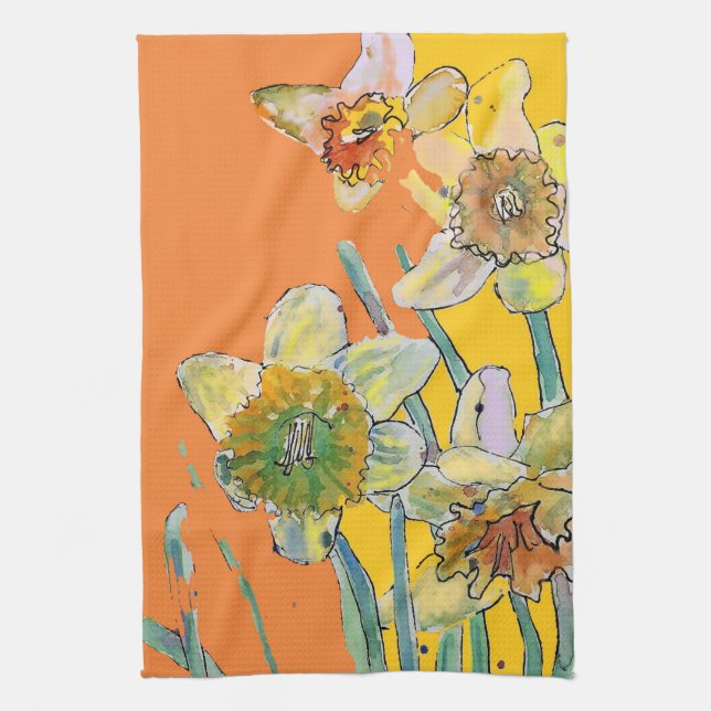 Daffodil Flower Floral Spring Watercolour Orange Kitchen Towel (Vertical)