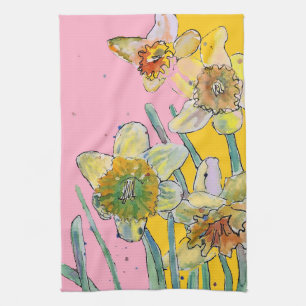 Daffodil Flower Floral Spring Watercolour Pink Kitchen Towel