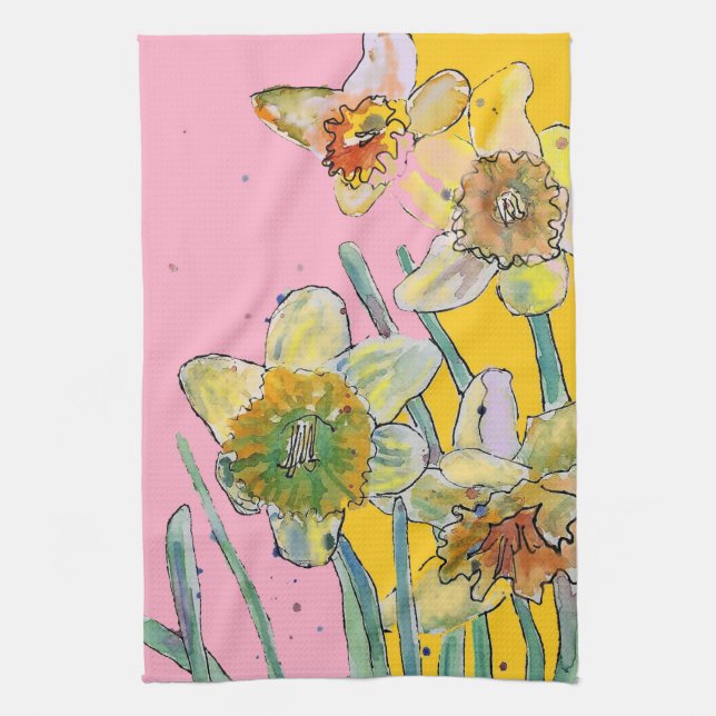 Daffodil Flower Floral Spring Watercolour Pink Kitchen Towel (Vertical)