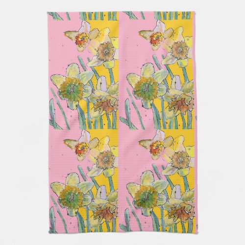 Daffodil Flower Floral Spring Watercolour Pink Tea Kitchen Towel