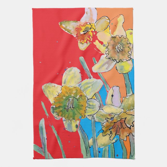 Daffodil Flower Floral Spring Watercolour Red Kitchen Towel (Vertical)