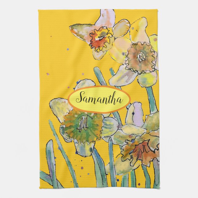 Daffodil Flower Floral Spring Watercolour Yellow T Kitchen Towel (Vertical)