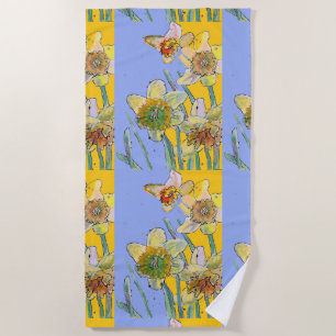 Daffodil Flower Floral Watercolor Lavender Yellow Beach Towel