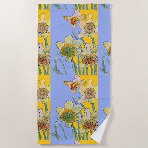 Daffodil Flower Floral Watercolor Lavender Yellow  Beach Towel