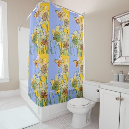 Daffodil Flower Floral Watercolor Lavender Yellow  Shower Curtain