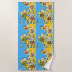 Daffodil Flower Floral Watercolor Light Blue Beach Towel