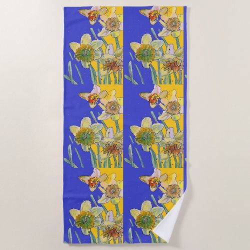 Daffodil Flower Floral Watercolor Navy Blue Beach Towel