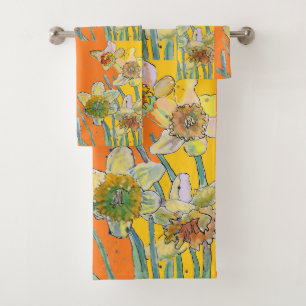 Daffodil Flower Floral Watercolor Orange Bath Towel Set