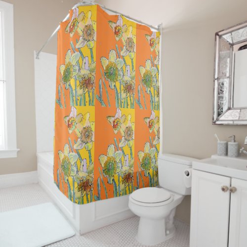 Daffodil Flower Floral Watercolor Orange Shower Curtain