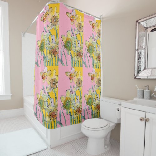 Daffodil Flower Floral Watercolor Pink Yellow  Shower Curtain