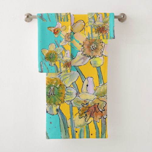 Daffodil Flower Floral Watercolor Turquoise Bath Towel Set