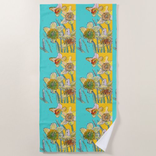 Daffodil Flower Floral Watercolor Turquoise Beach Towel