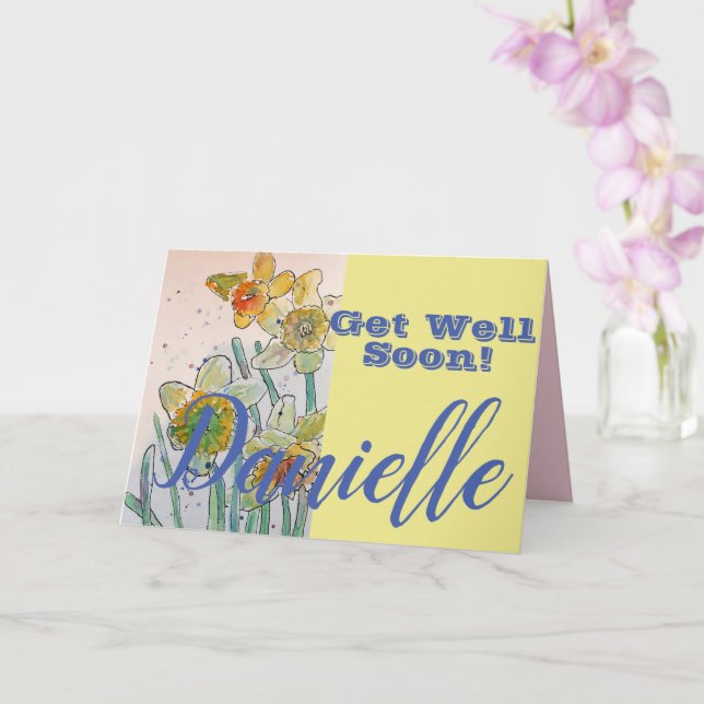 Daffodil Flower Get Well Soon Womans Name Card (Orchid)