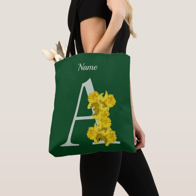 Daffodil Monogram Initial A Personalized Tote Bag (Close Up)