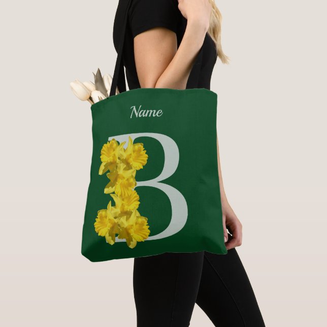 Daffodil Monogram Initial B Personalized Tote Bag (Close Up)