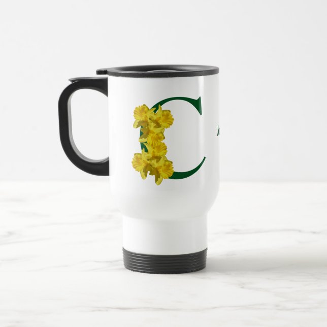 Daffodil Monogram Initial C Personalized Travel Mug (Left)