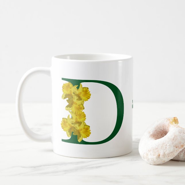 Daffodil Monogram Initial D Personalized Coffee Mug (With Donut)