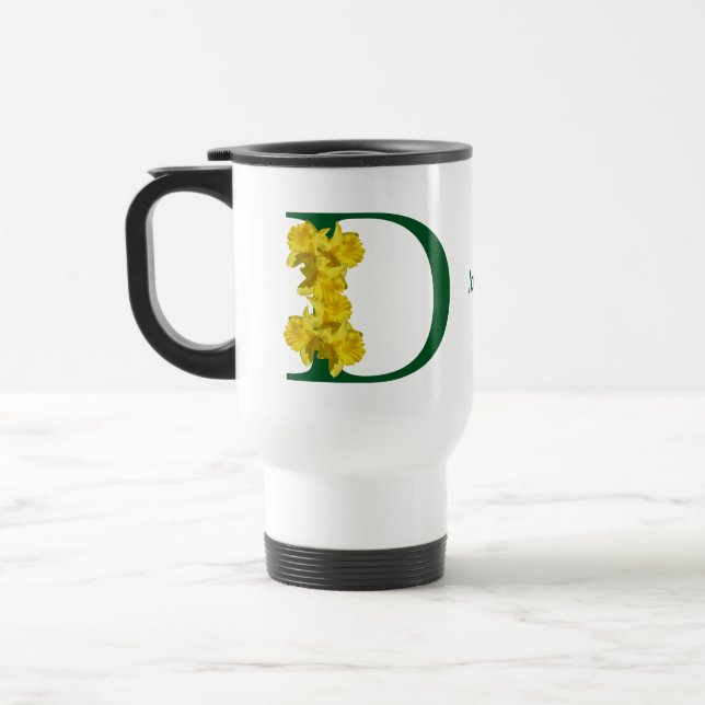 Daffodil Monogram Initial D Personalized Travel Mug (Left)