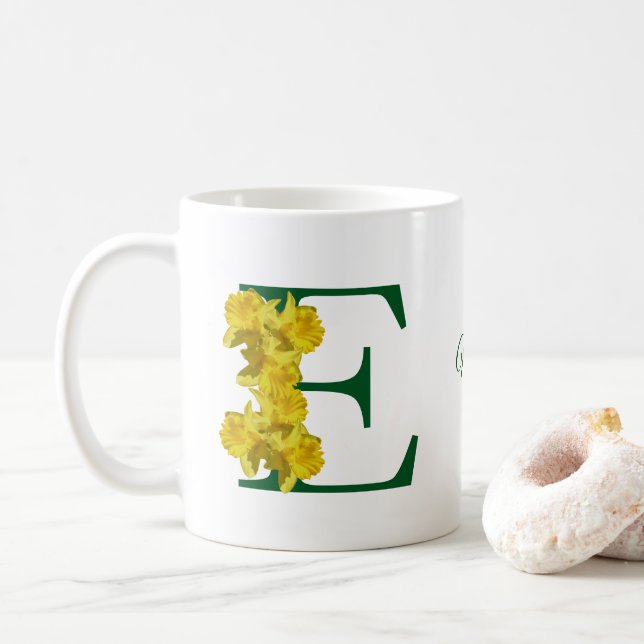 Daffodil Monogram Initial E Personalized Coffee Mug (With Donut)