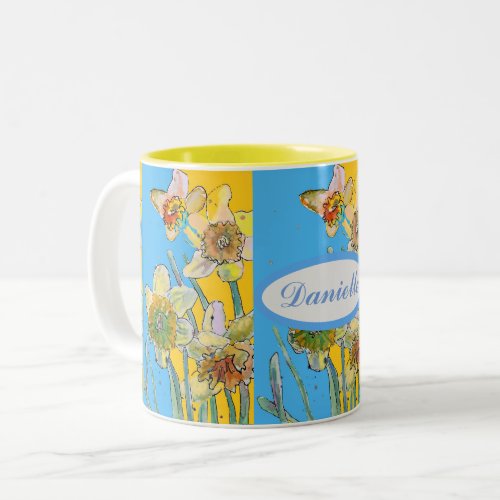 Daffodil Painting Hand Painted Yellow floral  Two_ Two_Tone Coffee Mug