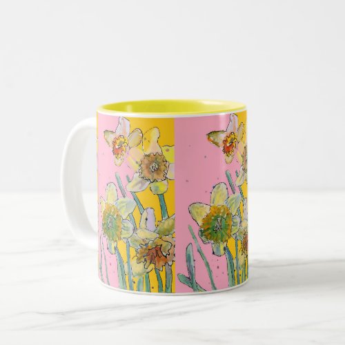 Daffodil Painting Hand Painted Yellow Pink floral  Two_Tone Coffee Mug