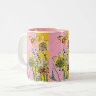 Daffodil Painting Hand Painted Yellow Pink floral Two-Tone Coffee Mug