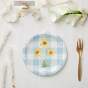 Daffodil Painting Spring Blue Gingham Coastal Paper Plates