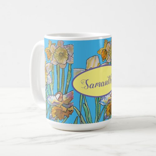 Daffodil Painting Watercolor Teal Blue floral  Coffee Mug