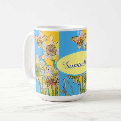 Daffodil Painting Watercolor Yellow Blue floral  Coffee Mug