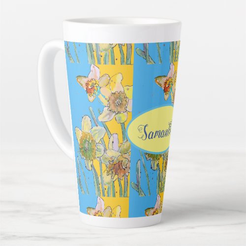 Daffodil Painting Watercolor Yellow Blue floral Latte Mug