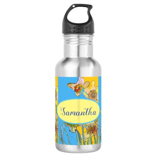 Daffodil Painting Watercolor Yellow Blue floral Stainless Steel Water Bottle