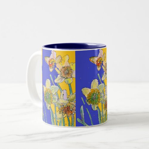 Daffodil Painting Watercolor Yellow Blue floral Two_Tone Coffee Mug