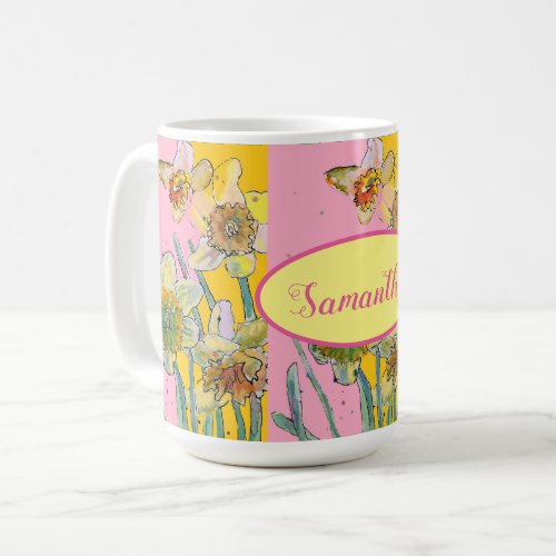Daffodil Painting Watercolor Yellow Pink floral Coffee Mug