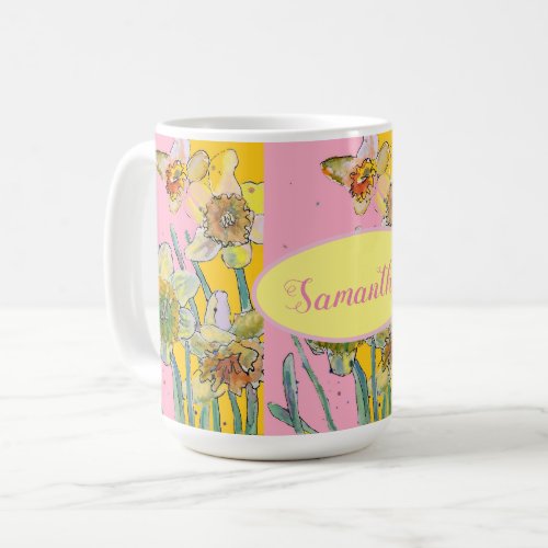 Daffodil Painting Watercolor Yellow Pink floral Coffee Mug