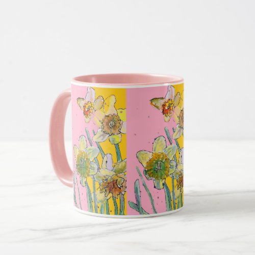 Daffodil Painting Watercolor Yellow Pink floral  M Mug