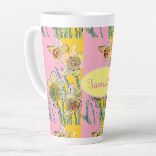 Daffodil Painting Watercolor Yellow Pink floral Mu Latte Mug