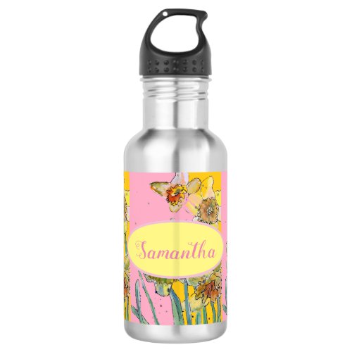 Daffodil Painting Watercolor Yellow Pink floral Stainless Steel Water Bottle
