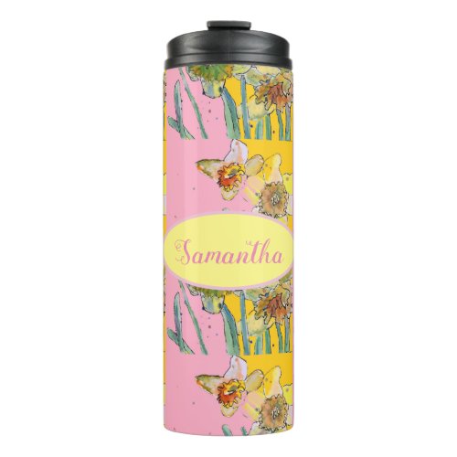 Daffodil Painting Watercolor Yellow Pink floral Thermal Tumbler