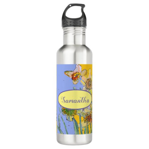 Daffodil Painting Watercolor Yellow Purple floral Stainless Steel Water Bottle