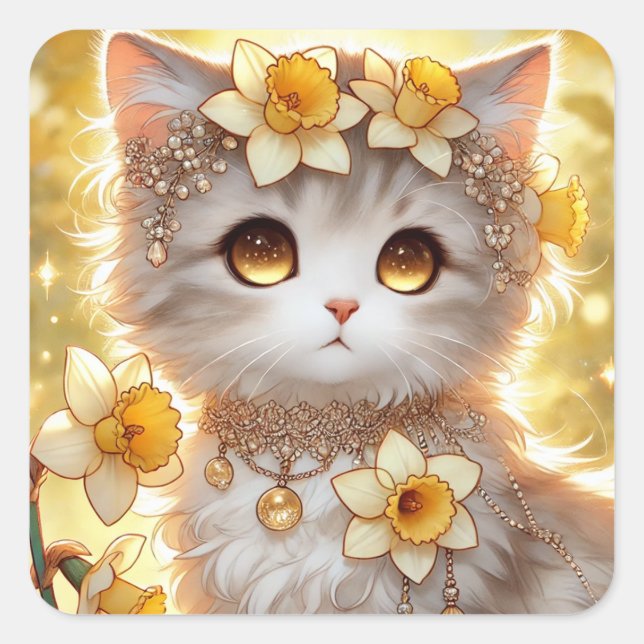 Daffodil Princess Cat Square Sticker (Front)