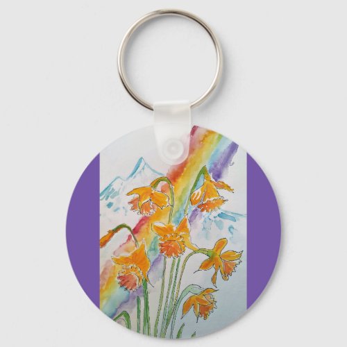 Daffodil Rainbow Flower Flowers Watercolor Keychain