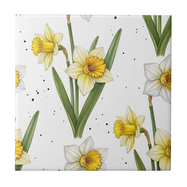 Daffodil Spring Floral in Soft Yellow and Green 2 Ceramic Tile (Front)