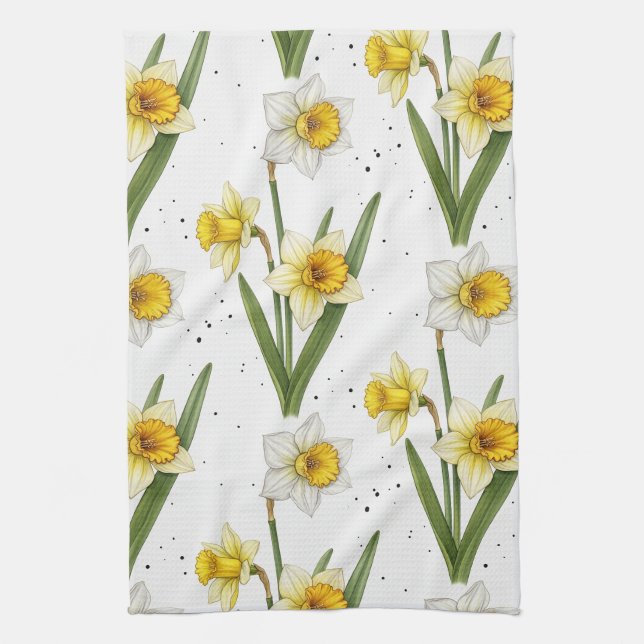Daffodil Spring Floral in Soft Yellow and Green 2 Kitchen Towel (Vertical)