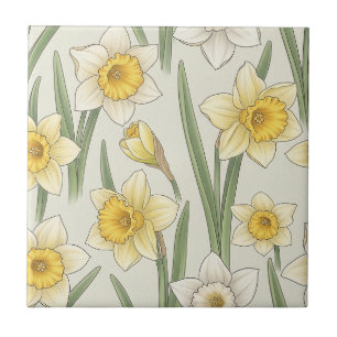 Daffodil Spring Floral in Soft Yellow and Green 3 Ceramic Tile