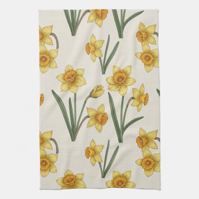 Daffodil Spring Floral in Soft Yellow and Green 5 Kitchen Towel (Vertical)