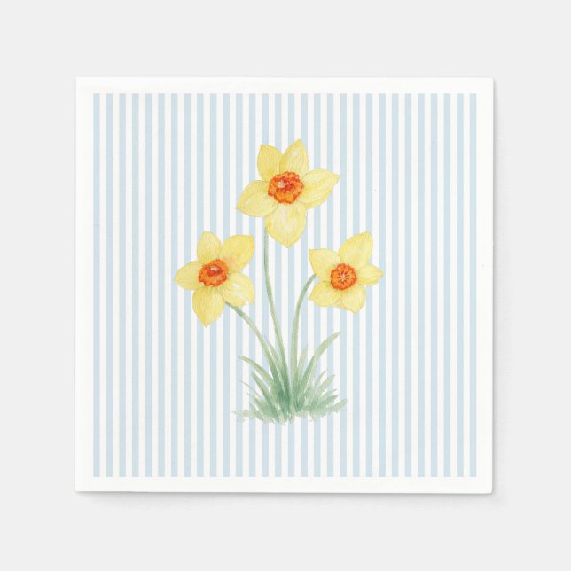 Daffodil Spring Flower Custom Wedding Blue Stripe Napkins (Front)