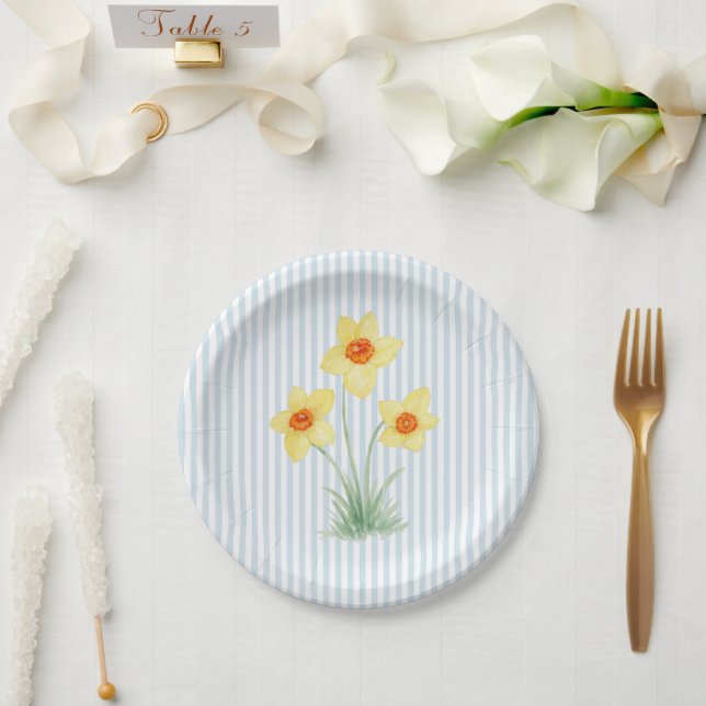 Daffodil Spring Flower Custom Wedding Blue Stripe Paper Plates (Wedding)
