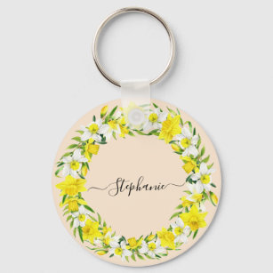 Daffodil Spring Pretty Yellow White Custom Name Keychain