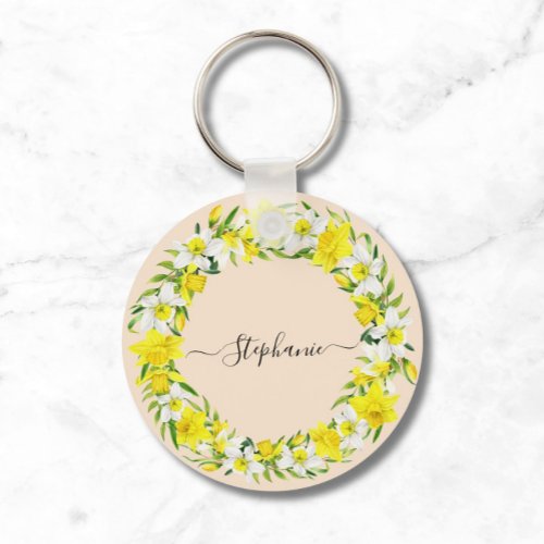 Daffodil Spring Pretty Yellow White Custom Name Keychain
