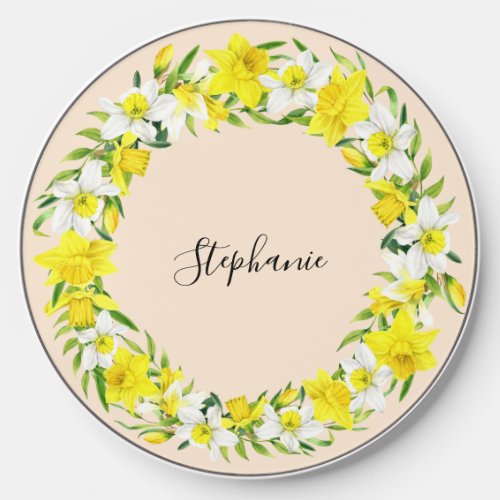 Daffodil Spring Pretty Yellow White Custom Name Wireless Charger